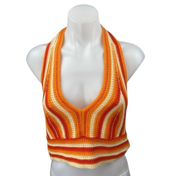 Shein Orange Crochet Knit Sleeveless Halter Cami Camisole Crop Tank Top Size 12 - Picture 1 of 4